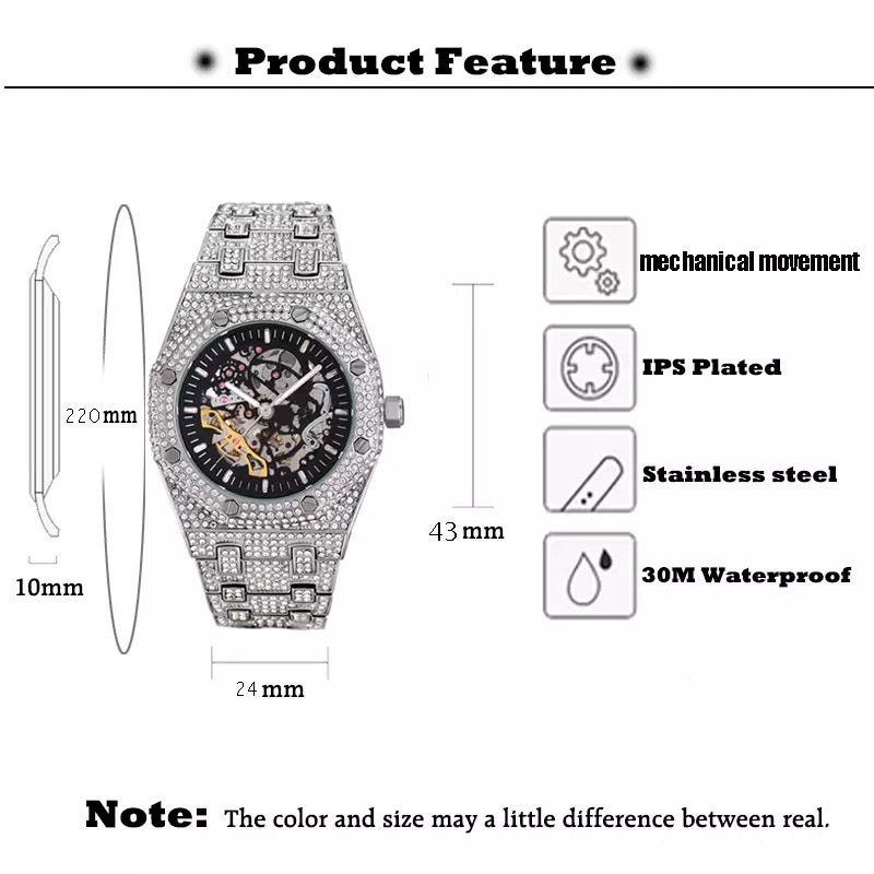 Iced Out Skeleton WatchesGet this unique skeleton watch today 
Water Resistance Depth: 3BarClasp Type: Push Button Hidden ClaspStyle: LuxuryBand Length: 22cmCase Material: Stainless SteelFeaSkeleton Watches