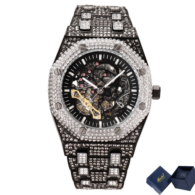 Iced Out Skeleton WatchesGet this unique skeleton watch today 
Water Resistance Depth: 3BarClasp Type: Push Button Hidden ClaspStyle: LuxuryBand Length: 22cmCase Material: Stainless SteelFeaSkeleton Watches